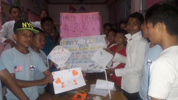 'Happy Dashain' reads the greeting cards and posters made by Morang Access students